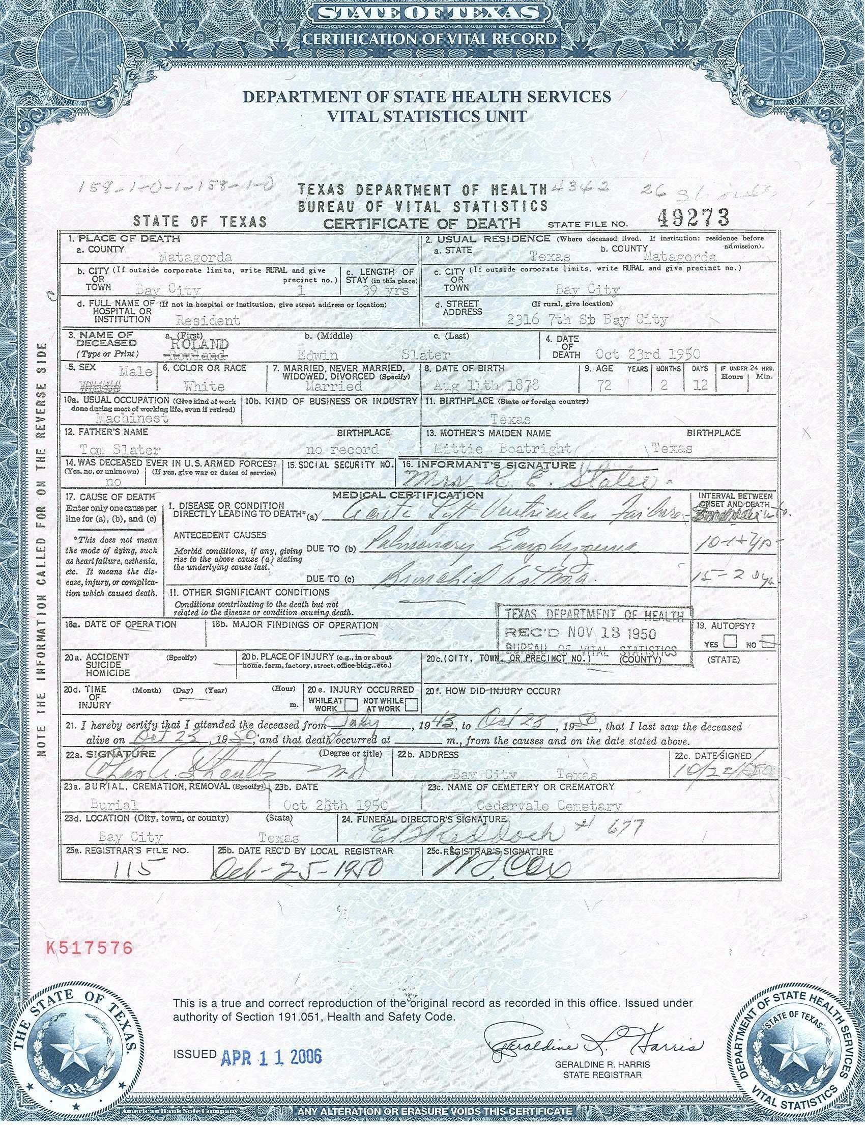 death certificate